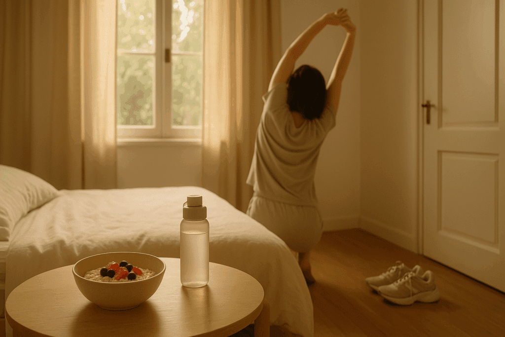 Heart Safety in Motion: How to Prevent Heart Attack and Boost Cardiovascular Endurance Naturally 2 Person stretching by a bed near oatmeal, water, and sneakers in a calm morning routine illustrating how to prevent heart attack
