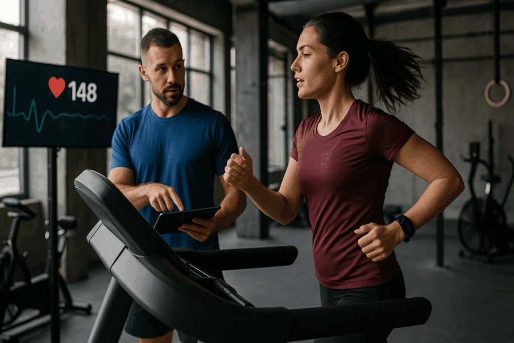 Heart Safety in Motion: How to Prevent Heart Attack and Boost Cardiovascular Endurance Naturally 3 Personal trainer monitors woman running on treadmill with heart rate data visible, demonstrating how to prevent heart attack through guided exercise.