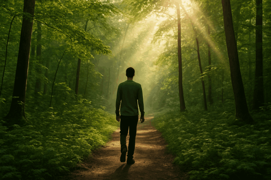 Heart Safety in Motion: How to Prevent Heart Attack and Boost Cardiovascular Endurance Naturally 4 Person walking calmly through a sunlit green forest, illustrating stress relief as part of how to prevent heart attack