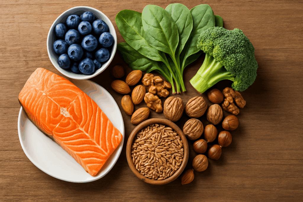 Heart Safety in Motion: How to Prevent Heart Attack and Boost Cardiovascular Endurance Naturally 5 Heart-healthy foods like salmon, blueberries, leafy greens, nuts, whole grains, and olive oil arranged in a heart shape, promoting how to prevent heart attack through smart nutrition.
