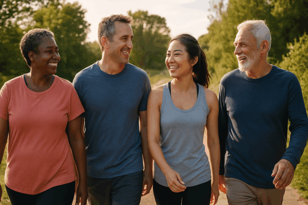 Heart Safety in Motion: How to Prevent Heart Attack and Boost Cardiovascular Endurance Naturally 7 Diverse group of adults walking and talking on a sunny nature trail, promoting social connection as part of how to prevent heart attack.