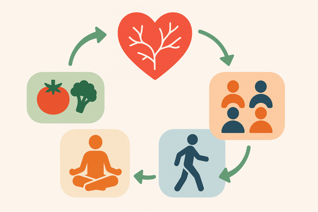 Heart Safety in Motion: How to Prevent Heart Attack and Boost Cardiovascular Endurance Naturally 6 Circular infographic illustrating how to prevent heart attack with icons for plant-based diet, stress relief, exercise, and social support