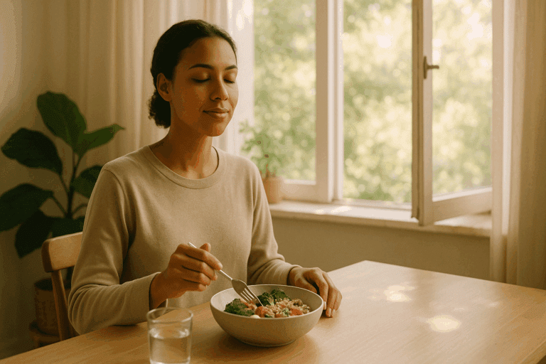 Young woman practicing mindful eating in a sunlit room, symbolizing emotional healing through CBT for Eating Disorders