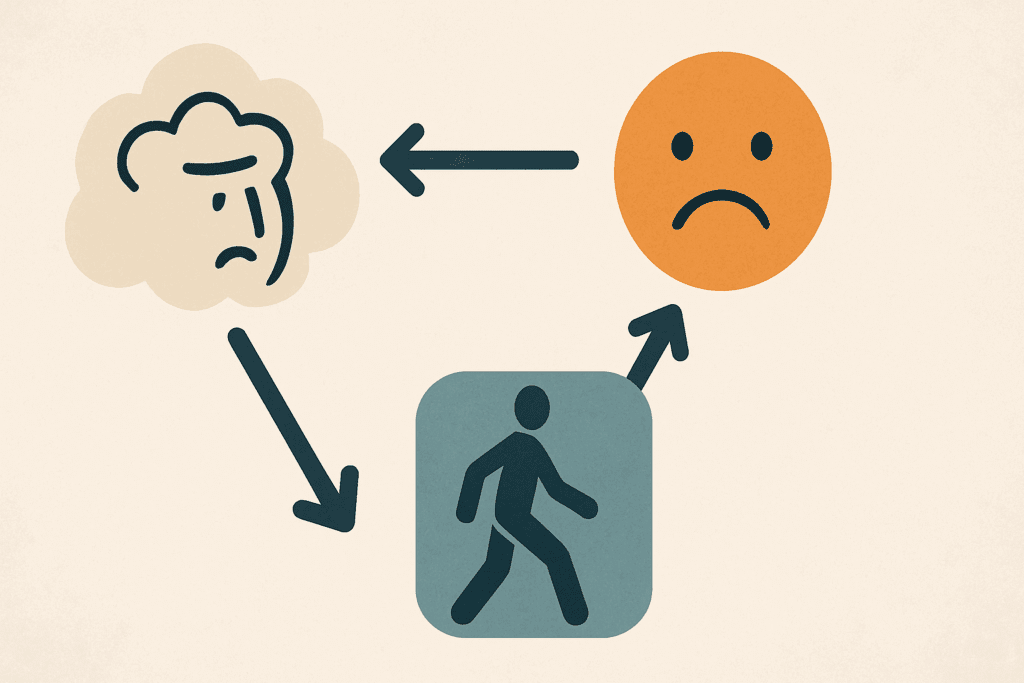 Abstract visual of the CBT triangle showing thoughts, emotions, and behaviors interconnected, representing CBT for Eating Disorders