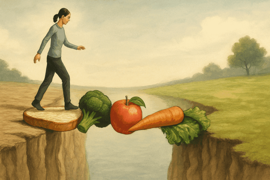 Person cautiously walking across a bridge made of food like bread, broccoli, and fruit toward a peaceful meadow, symbolizing recovery through CBT for Eating Disorders.