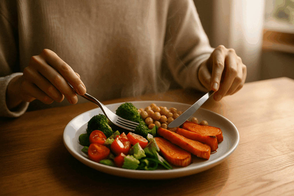 Person practicing mindful eating with a colorful, balanced meal, illustrating CBT for Eating Disorders in a calm setting.