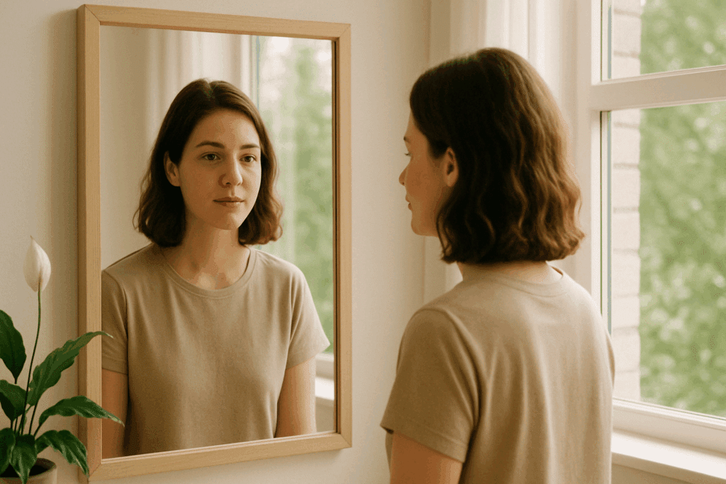Young woman calmly looking at herself in the mirror, symbolizing self-reflection and personal growth through CBT for Eating Disorder