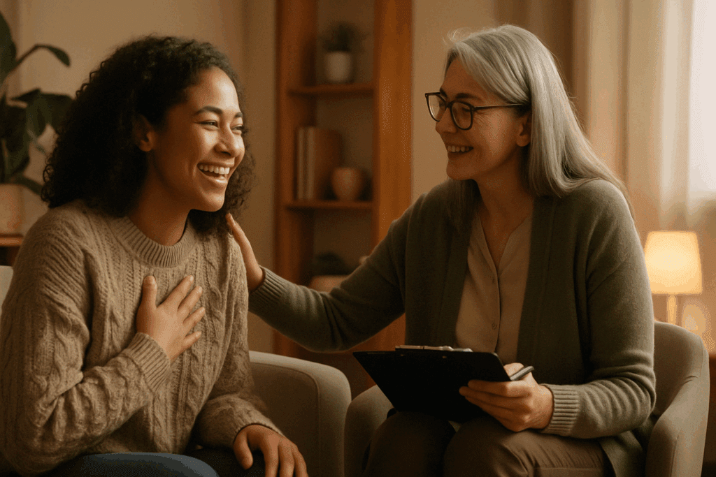 Therapist and client sharing a warm moment in a counseling session, illustrating the trust-building process in CBT for Eating Disorders