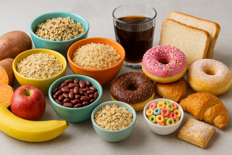 Side-by-side comparison of whole food and processed carbs showing the difference in carbs and weight loss nutrition strategies