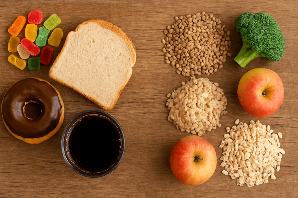 How Carbs and Weight Loss Are Connected: What Science Really Says About Carbohydrates and Fat Loss 1 Side-by-side comparison of whole food sources of simple and complex carbs for understanding carbs and weight loss.