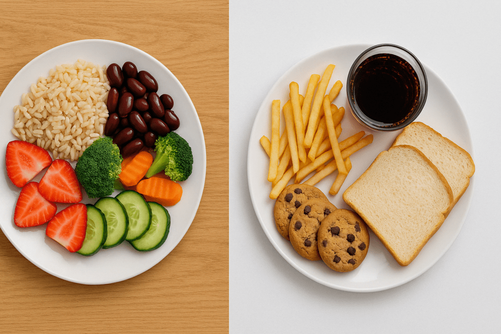 How Carbs and Weight Loss Are Connected: What Science Really Says About Carbohydrates and Fat Loss 3 Top-down view of two plates comparing whole-food and refined carbs to illustrate the role of carbs and weight loss.