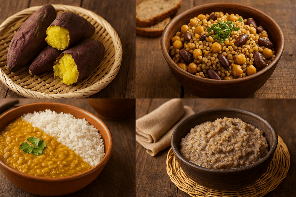 How Carbs and Weight Loss Are Connected: What Science Really Says About Carbohydrates and Fat Loss 6 Traditional global dishes featuring sweet potatoes, legumes, rice, and millet, highlighting cultural approaches to carbs and weight loss.