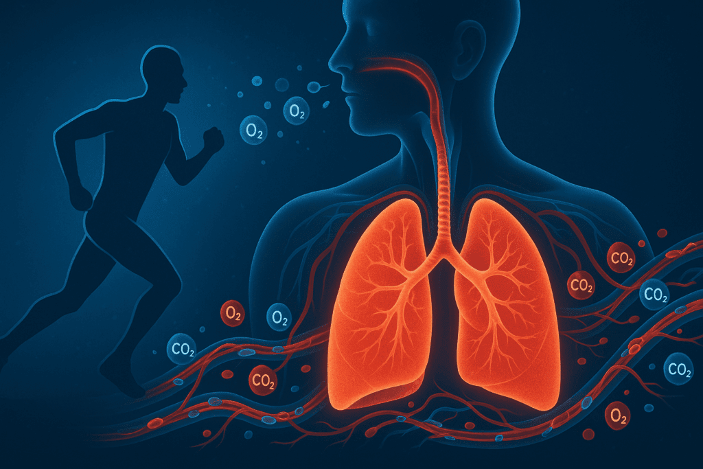 Scientific illustration showing how exercise affects the respiratory system with lungs expanding, blood vessels transporting oxygen and carbon dioxide, and a runner silhouette.