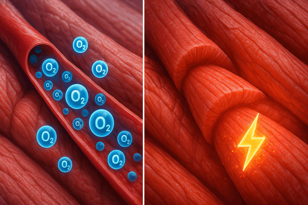 Close-up split view of oxygen-rich blood flowing through capillaries and muscles consuming energy, illustrating how exercise affects the respiratory system.