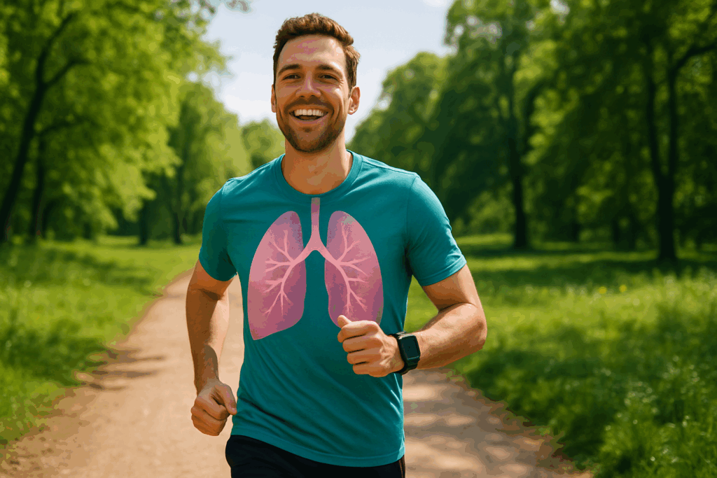 Cheerful runner jogging on a sunny park trail with a transparent lung overlay, symbolizing how exercise affects the respiratory system.