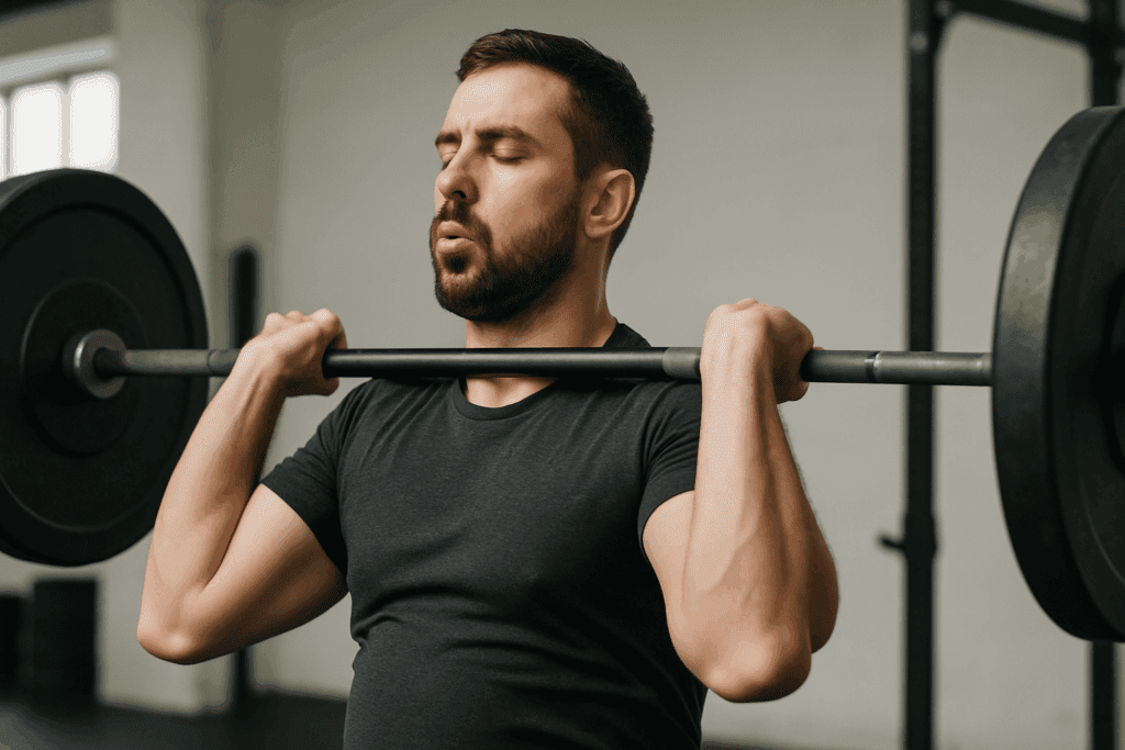 Athlete practicing diaphragmatic breathing while lifting a barbell in a gym, illustrating how exercise affects the respiratory system.