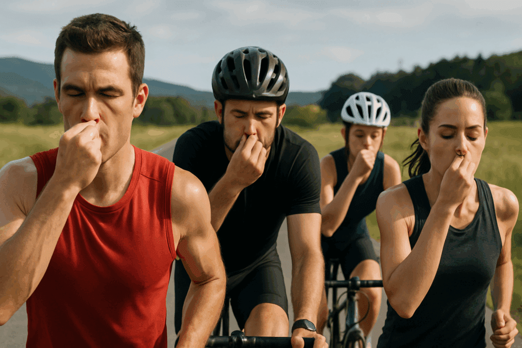 Endurance athletes practicing synchronized breathing outdoors during a race, showing how exercise affects the respiratory system.