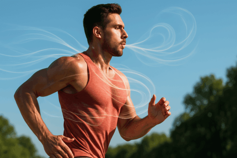 Athlete running outdoors under a clear blue sky, demonstrating deep breathing with visible airflow, illustrating how exercise affects the respiratory system.
