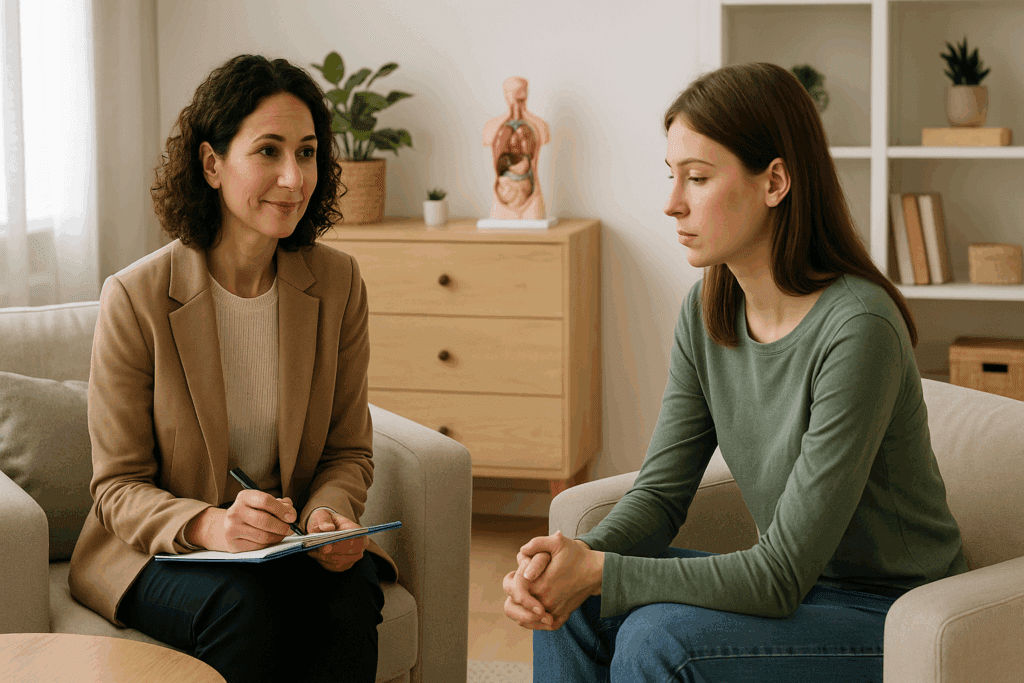 An eating disorder specialist attentively listens to a young adult client during a therapy session in a comfortable, warm consultation room, emphasizing the compassionate role of Eating Disorder Specialists in supporting mental wellness