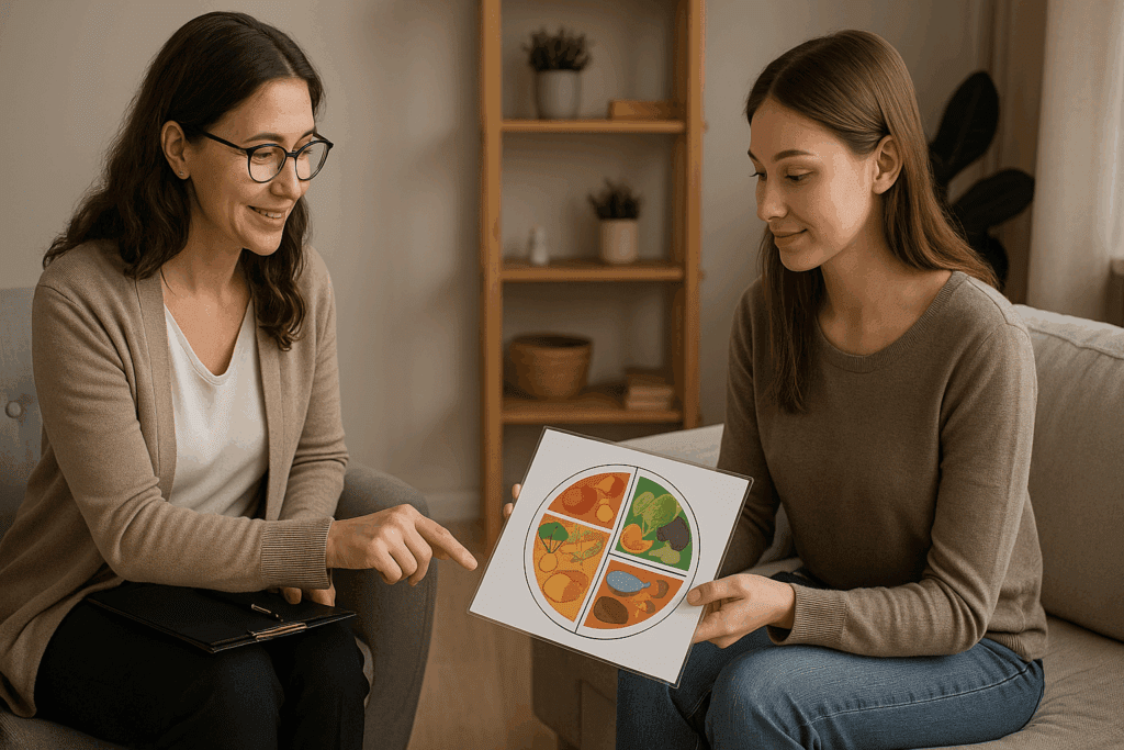 Therapist guiding a client through a nutrition-focused discussion, holding a colorful food plate chart to facilitate awareness of balanced eating, with a warm, collaborative atmosphere. Eating Disorder Specialists help individuals make healthier food choices and build trust in therapy