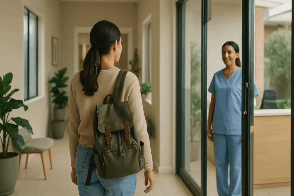 A young woman entering a wellness clinic, greeted by a friendly receptionist in medical scrubs. The welcoming atmosphere highlights the importance of early intervention and access to Eating Disorder Specialists for timely care and support.
