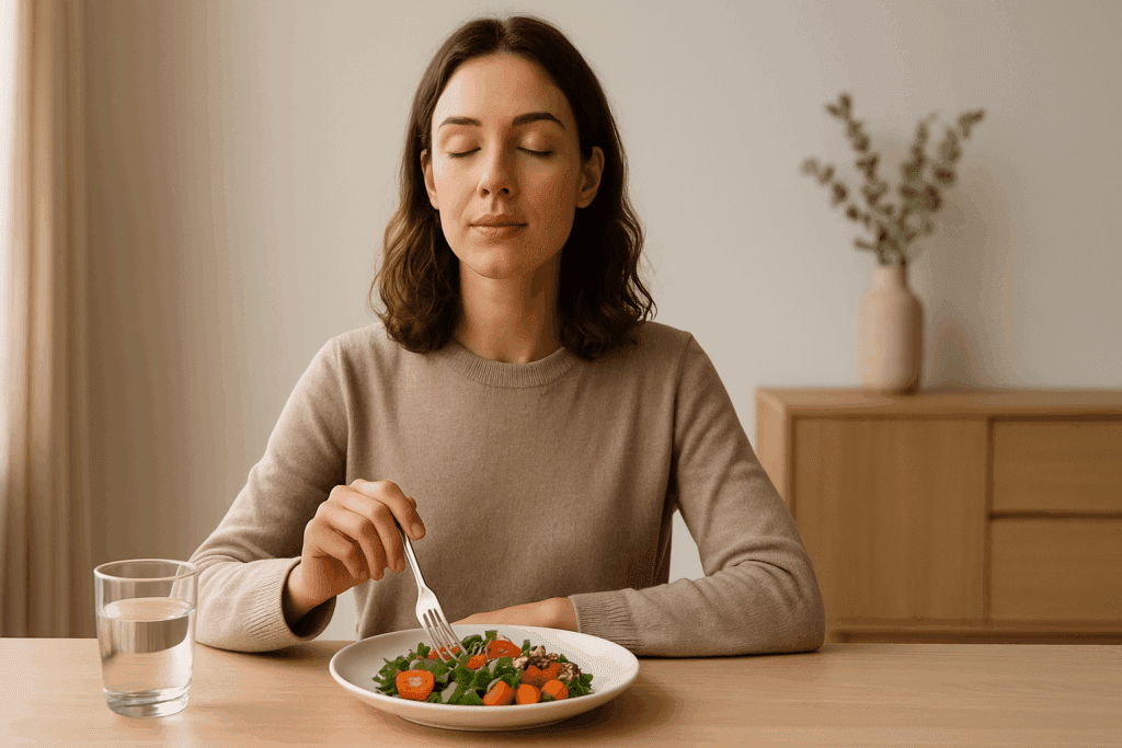 A person practicing mindful eating during their recovery journey, sitting alone at a clean table with a small, colorful meal. The individual, with closed eyes and a calm expression, is savoring their food in a peaceful setting with soft natural lighting, representing the mindful approach supported by Eating Disorder Specialists