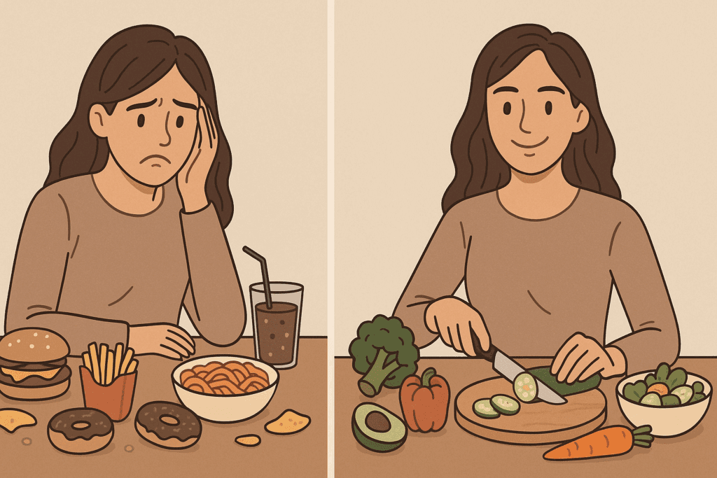 Illustration showing a person’s journey with eating disorder specialists, transitioning from anxiety over unhealthy food to feeling empowered while preparing a healthy meal