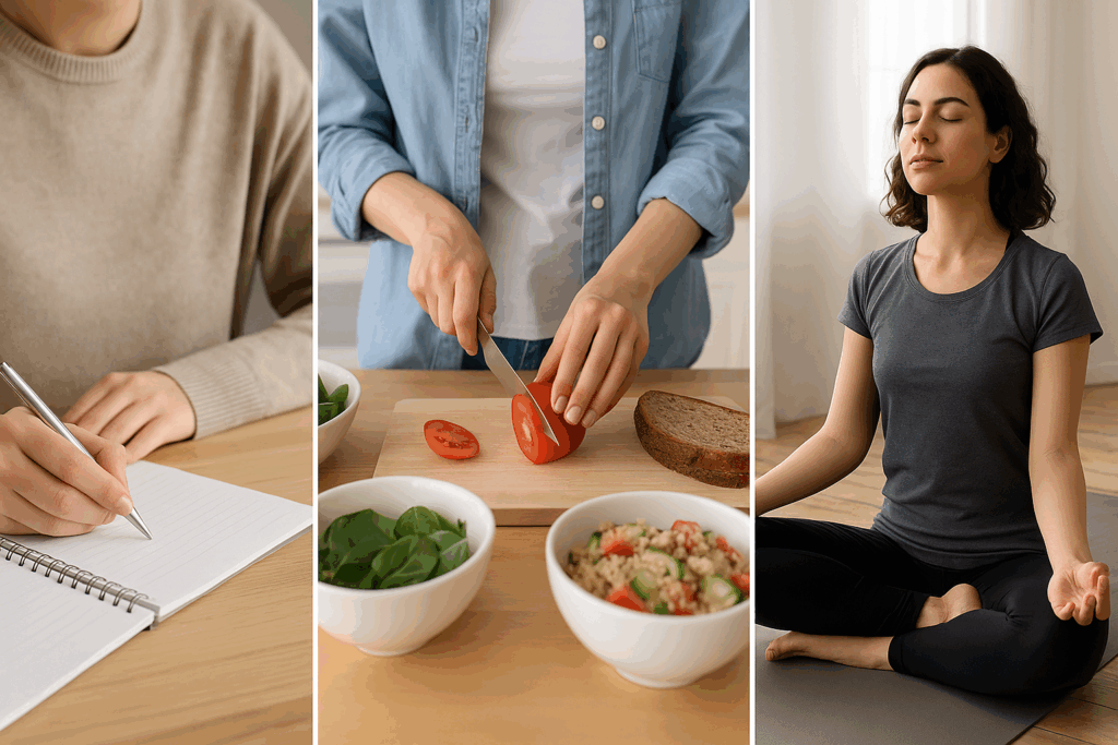 Practical applications of therapy for eating disorders: a person journaling, preparing a healthy meal, and practicing mindfulness through yoga, illustrating the role of Eating Disorder Specialists in bridging clinical care and daily life