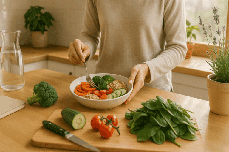 Eating Disorder Specialists in a sunlit kitchen as a woman prepares a nutritious, balanced meal with fresh vegetables and whole grains, symbolizing mindful nutrition and self-care