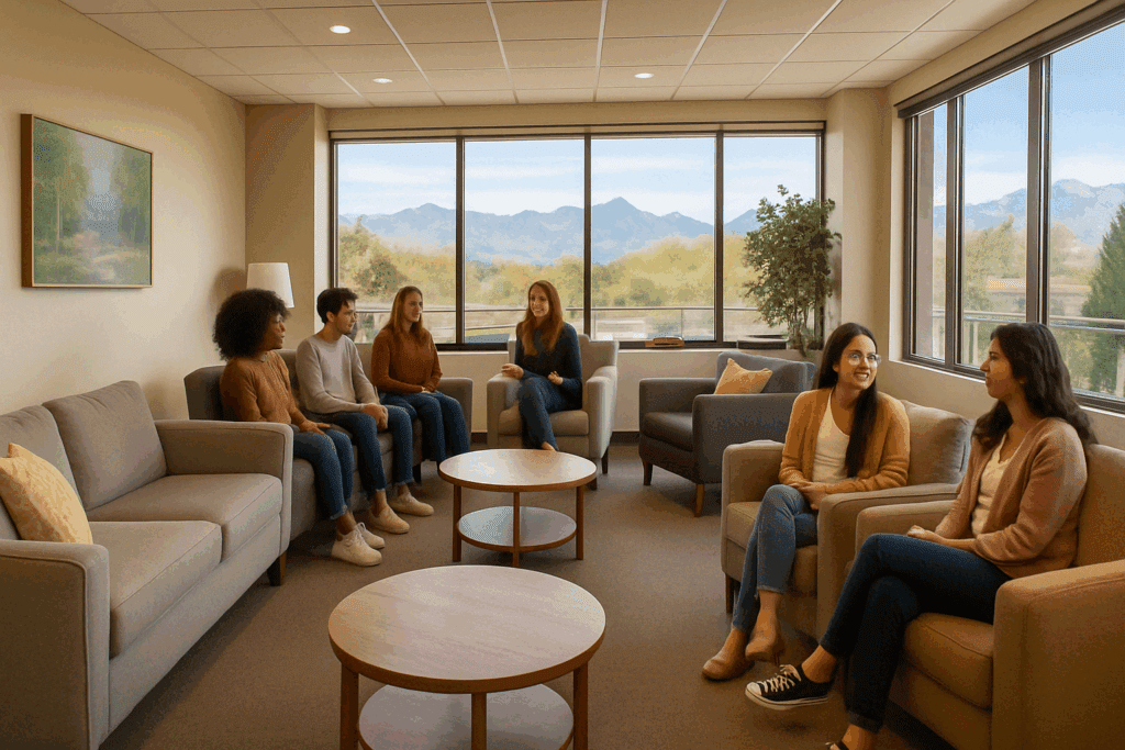 Comfortable, sunlit therapy room at Eating Recovery Centers with large windows offering mountain views. Patients engage in a group session, sitting in cozy seating arrangements, creating a welcoming and serene atmosphere