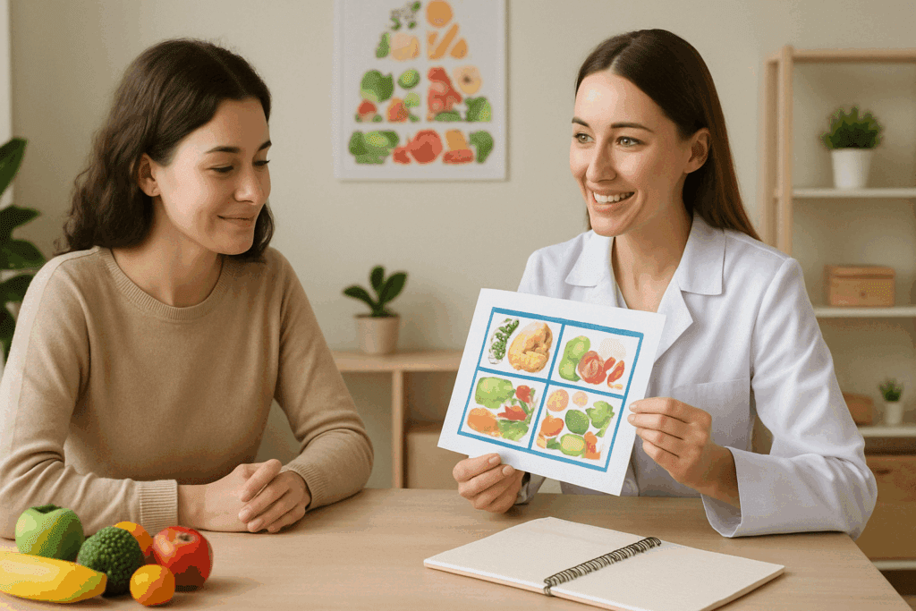 Patient and dietitian at Eating Recovery Centers consulting over a colorful, balanced meal plan in a calm, supportive environment