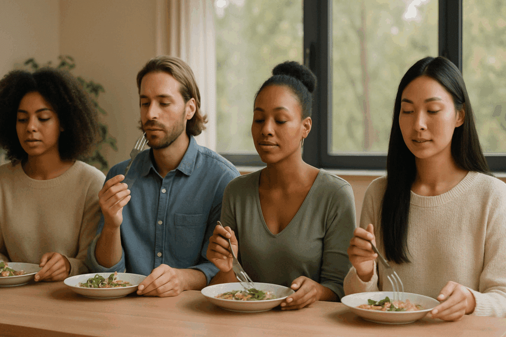 A diverse group of individuals practicing mindful eating in a peaceful, sunlit setting, with natural surroundings visible through windows, highlighting the importance of mindful eating for body trust restoration in Eating Recovery Centers