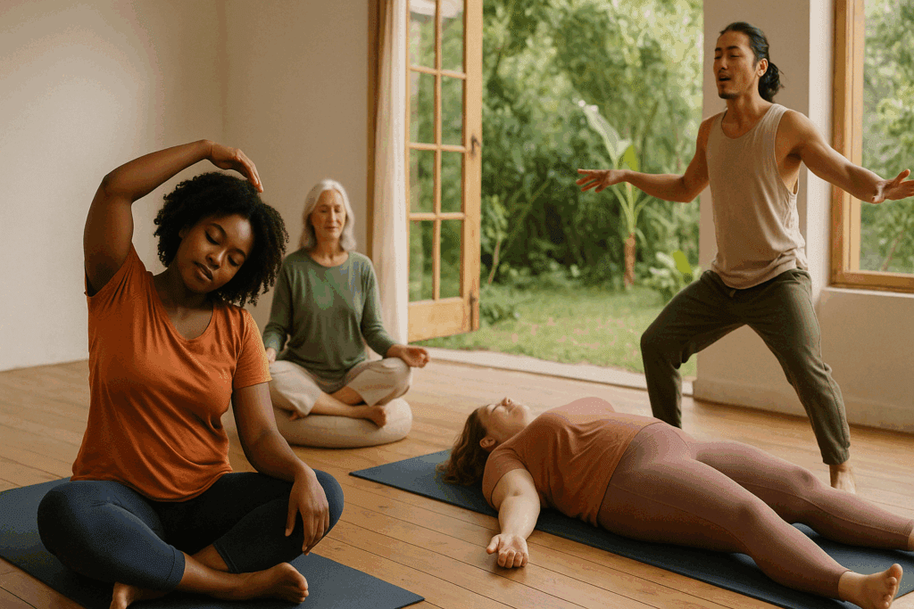 A group participating in a holistic wellness session, featuring individuals engaged in yoga and meditation in a peaceful studio, promoting recovery and well-being, with a focus on Eating Recovery Centers.