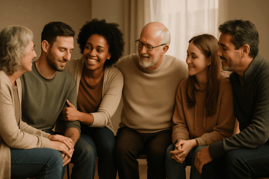 Family therapy session with diverse individuals sitting in a circle, engaging in open dialogue and emotional connection. The scene conveys warmth, intimacy, and support, reflecting the importance of family involvement and community in Eating Recovery Centers