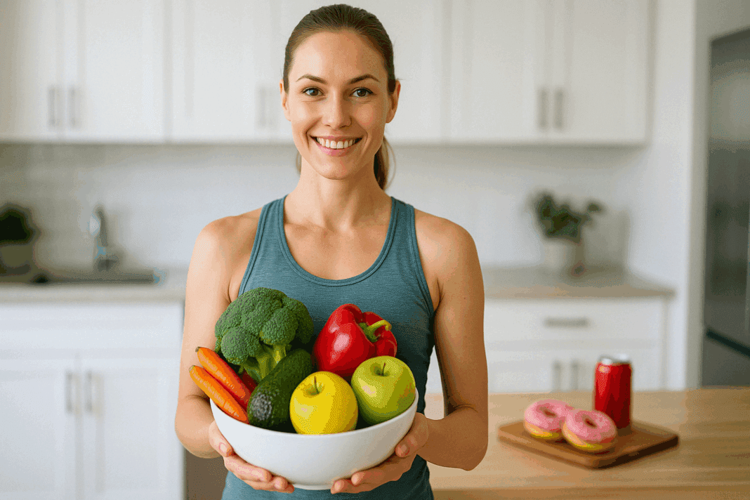 Woman in a bright kitchen holding a bowl of fruits and vegetables, symbolizing commitment to no sugar for 2 weeks