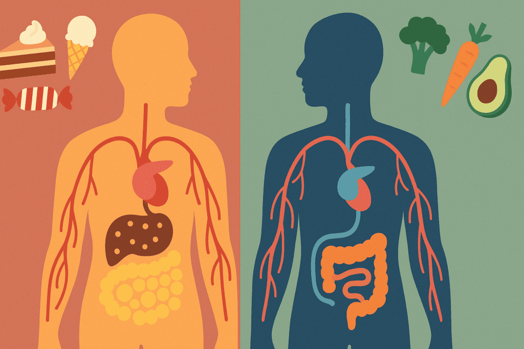 Split-screen illustration of the human body before and after no sugar for 2 weeks, showing fat buildup and poor metabolism on one side, improved insulin balance and whole food digestion on the other.