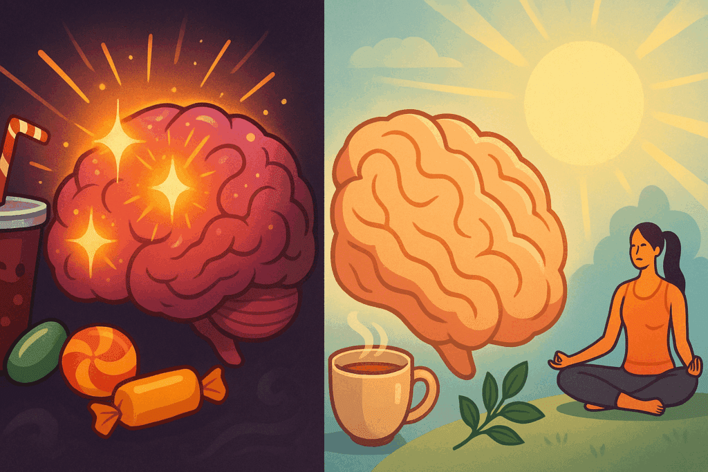 Split-image showing the mental shift from sugar cravings to calm wellness, symbolizing benefits of no sugar for 2 weeks.