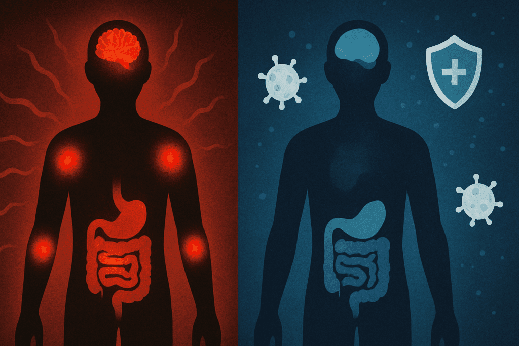 Conceptual illustration of body inflammation improving after removing sugar, symbolizing health benefits of no sugar for 2 weeks.
