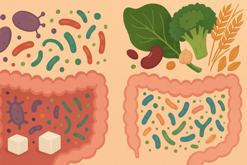 Illustration of gut microbiome before and after no sugar for 2 weeks, showing harmful bacteria on the left and diverse healthy bacteria with fiber-rich foods on the right