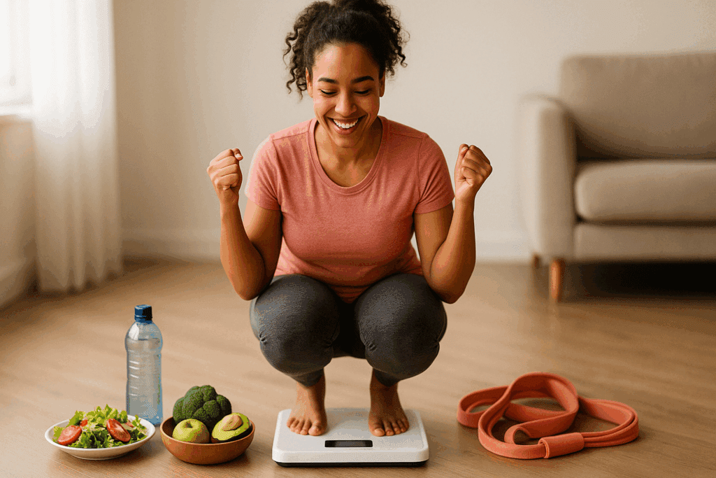Woman smiling proudly on a scale, surrounded by healthy food and fitness gear, representing progress after no sugar for 2 weeks.