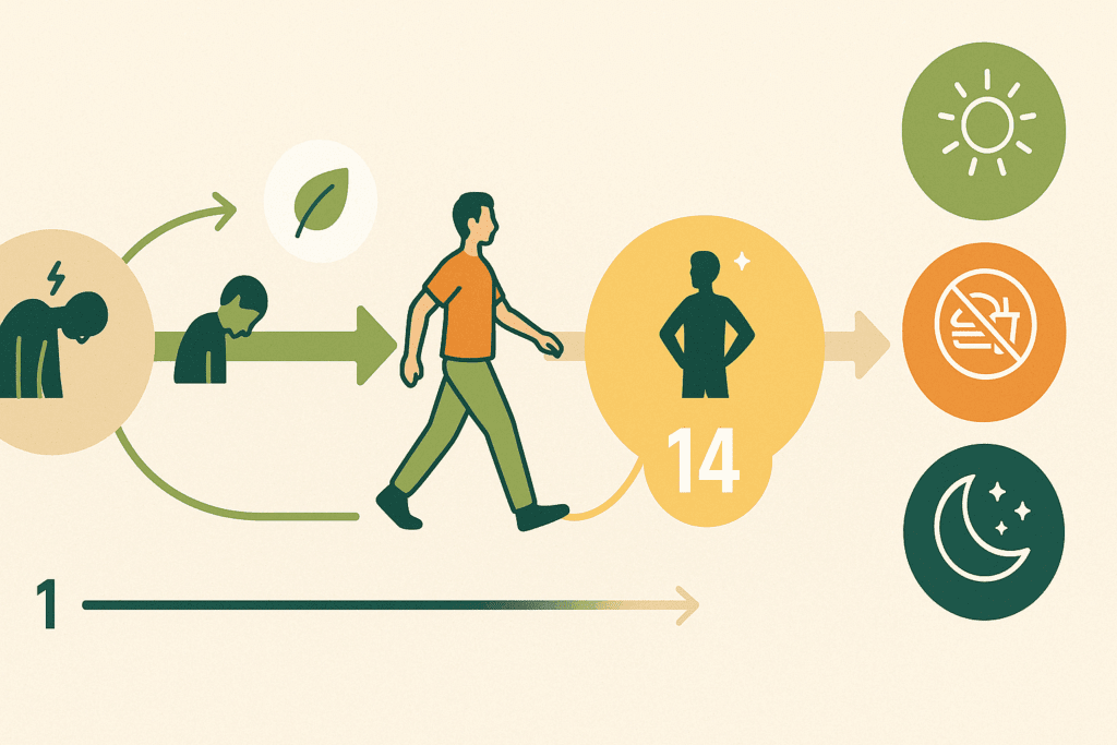 Timeline infographic showing a visual transformation from fatigue to wellness after going no sugar for 2 weeks, ending in better sleep, reduced cravings, and more energy.