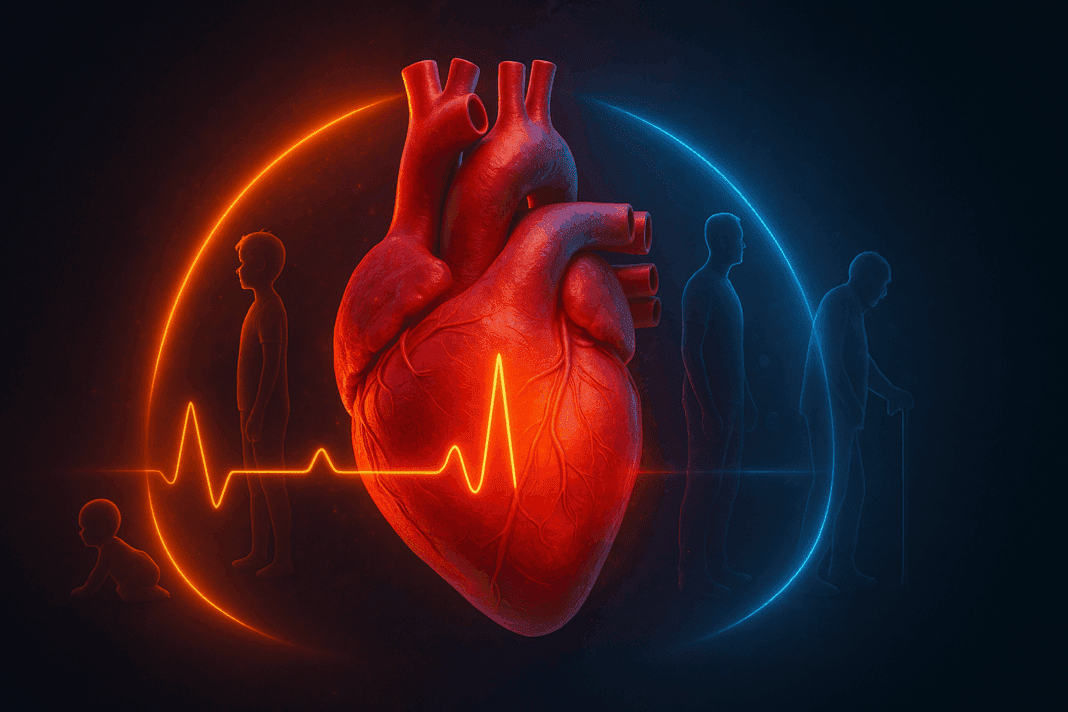 3D-rendered human heart surrounded by silhouettes of a baby, child, adult, and elderly person, illustrating how heart rate changes with age.