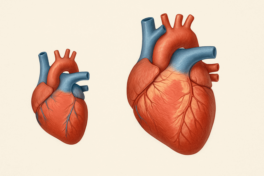 How Heart Rate Changes with Age: What to Know About Resting Pulse, Aging, and Cardiovascular Performance 1 Medical illustration comparing a child’s and adult’s heart anatomy, showing growth and development related to how heart rate changes with age