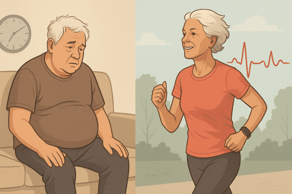 How Heart Rate Changes with Age: What to Know About Resting Pulse, Aging, and Cardiovascular Performance 2 Elderly man sitting with slouched posture beside a jogging elderly woman, illustrating how heart rate changes with age through lifestyle differences.
