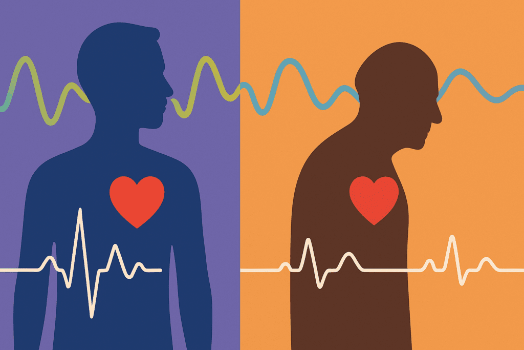 How Heart Rate Changes with Age: What to Know About Resting Pulse, Aging, and Cardiovascular Performance 3 Silhouettes of a young and old person contrasted by vibrant and muted heartbeat waves, illustrating how heart rate changes with age.