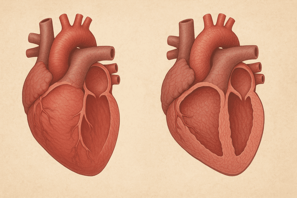 How Heart Rate Changes with Age: What to Know About Resting Pulse, Aging, and Cardiovascular Performance 4 Cross-section comparison of two human hearts showing how heart rate changes with age through wall thickening and reduced elasticity