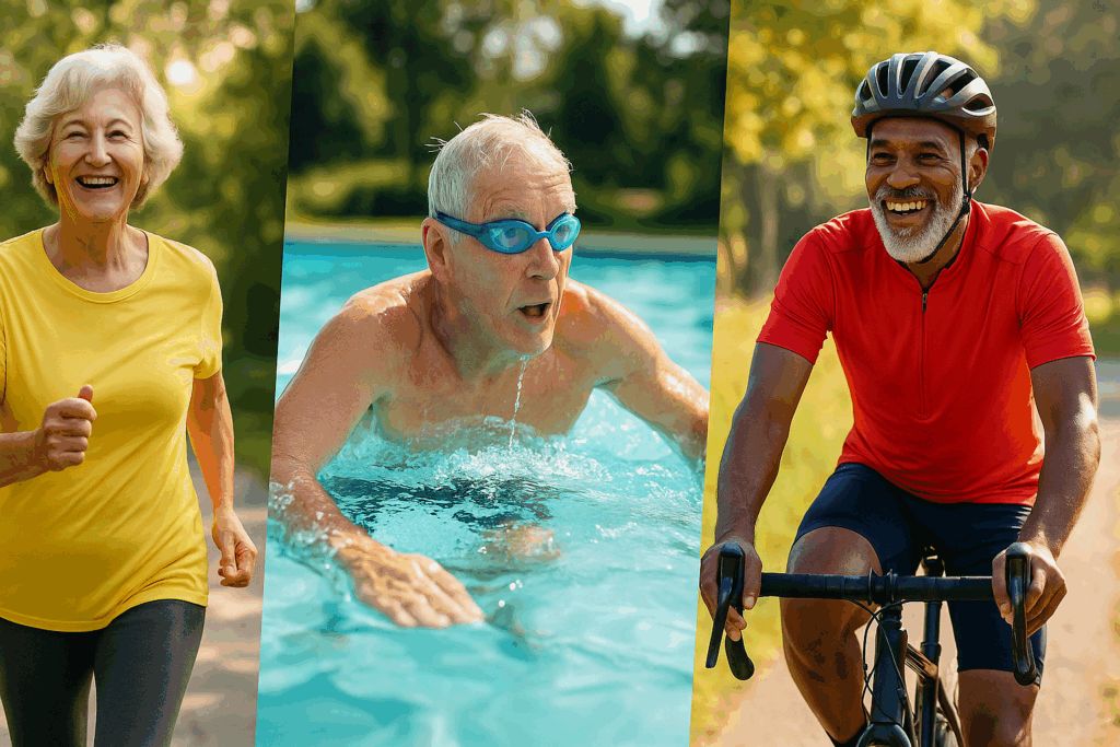 How Heart Rate Changes with Age: What to Know About Resting Pulse, Aging, and Cardiovascular Performance 5 Older adults walking, swimming, and cycling outdoors, showing how heart rate changes with age through active lifestyles.