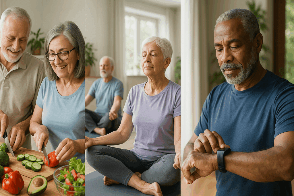 How Heart Rate Changes with Age: What to Know About Resting Pulse, Aging, and Cardiovascular Performance 6 Older adults practicing yoga, preparing healthy meals, and using fitness trackers—visualizing how heart rate changes with age through lifestyle habits
