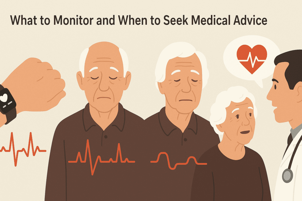 How Heart Rate Changes with Age: What to Know About Resting Pulse, Aging, and Cardiovascular Performance 7 Elderly individuals showing different heart rate patterns including tachycardia and bradycardia, illustrating how heart rate changes with age using wearable monitor and doctor consultation icons