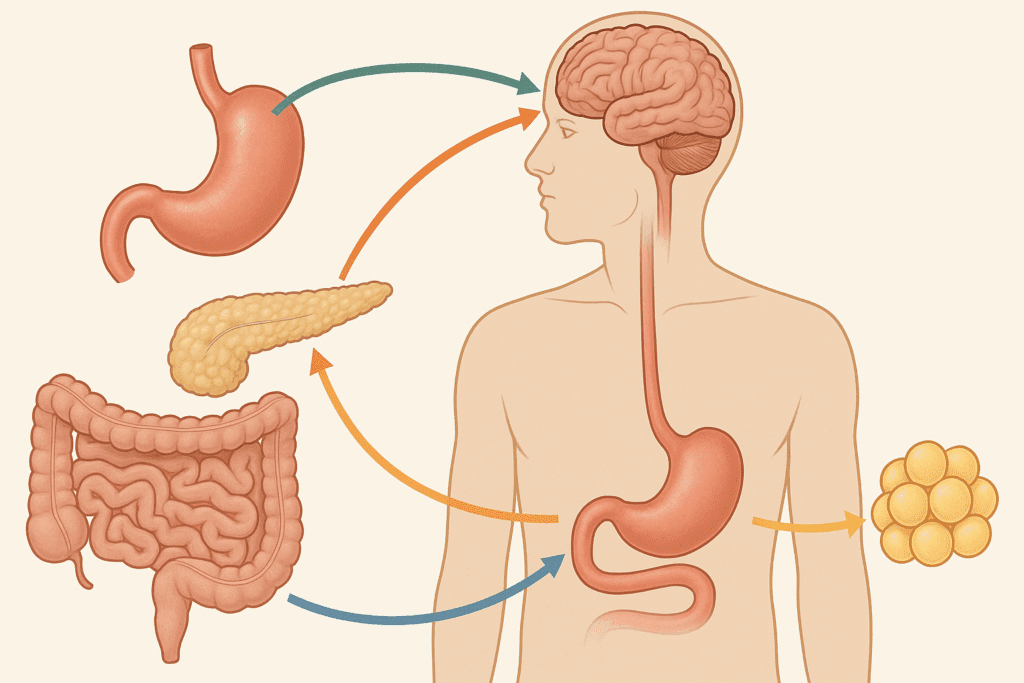 Anatomical diagram of the human digestive and endocrine systems, showing the stomach, pancreas, intestines, and fat cells with color-coded arrows indicating hormone signaling pathways, illustrating how to turn off hunger hormones naturally